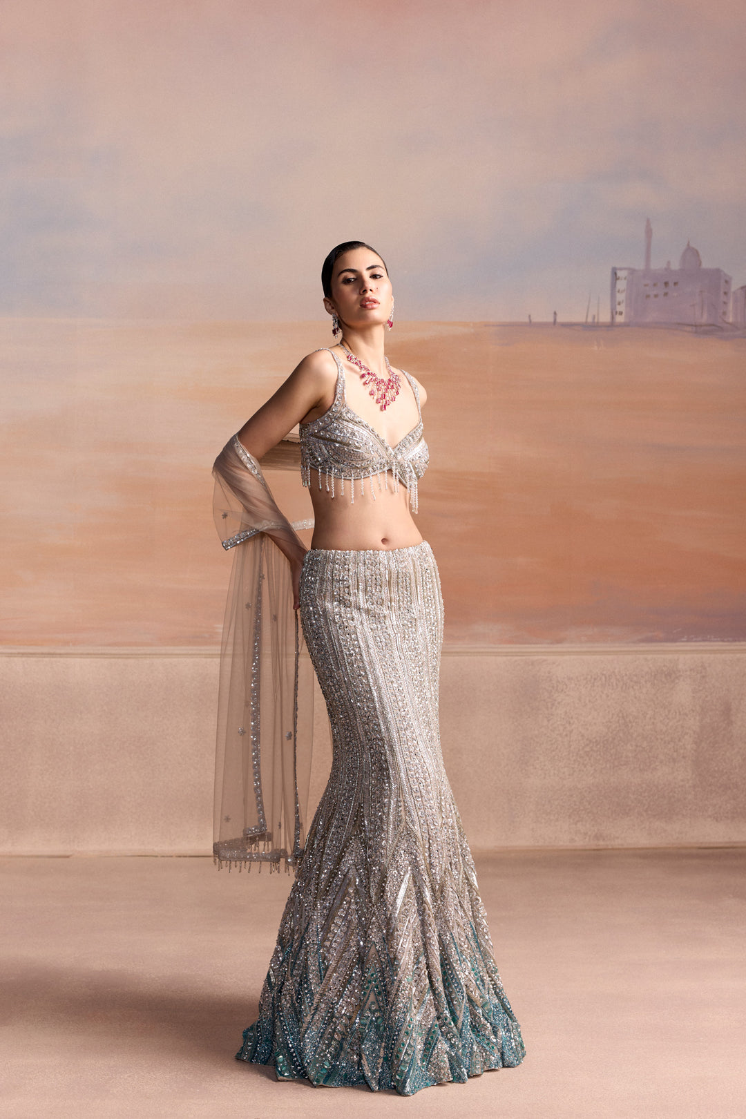 SILVER AQUA OMBRE FISHCUT LUMEN LEHENGA SET