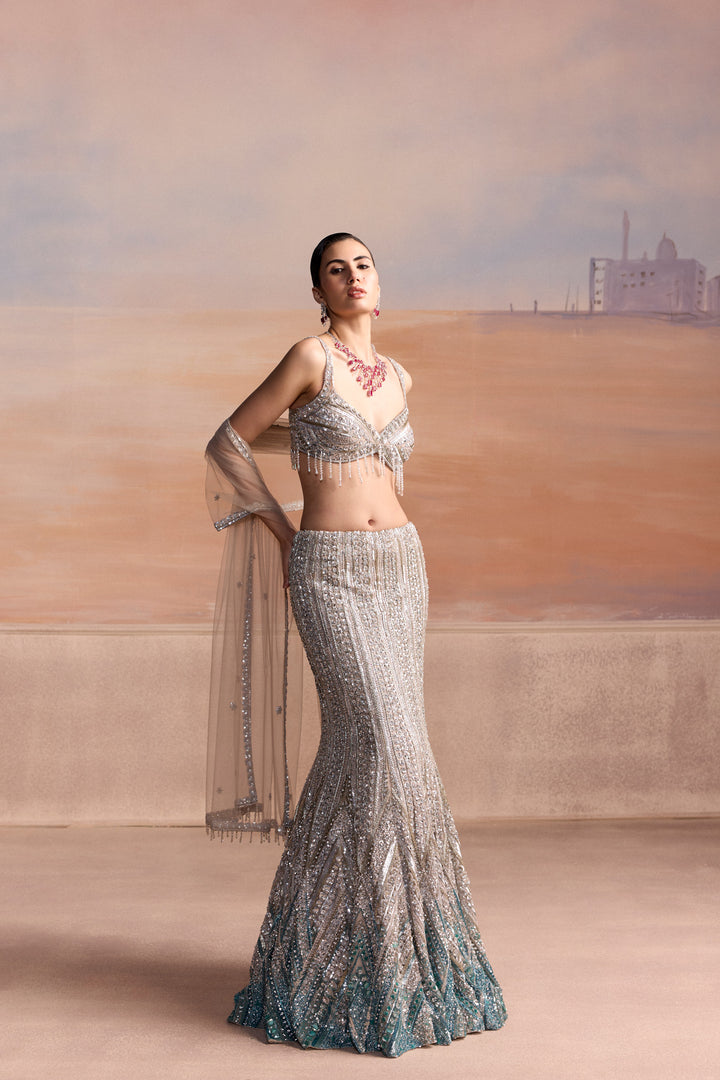 SILVER AQUA OMBRE FISHCUT LUMEN LEHENGA SET