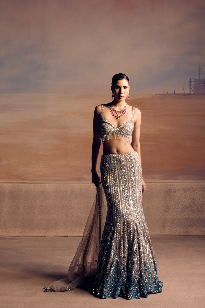 SILVER AQUA OMBRE FISHCUT LUMEN LEHENGA SET