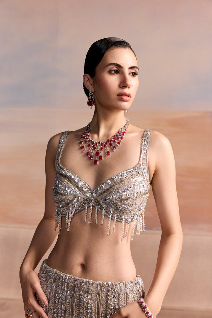 SILVER AQUA OMBRE FISHCUT LUMEN LEHENGA SET