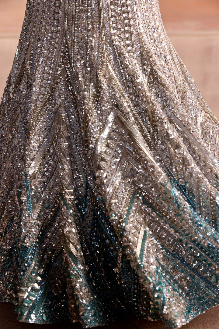 SILVER AQUA OMBRE FISHCUT LUMEN LEHENGA SET
