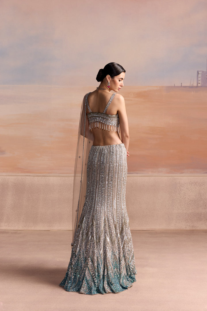 SILVER AQUA OMBRE FISHCUT LUMEN LEHENGA SET