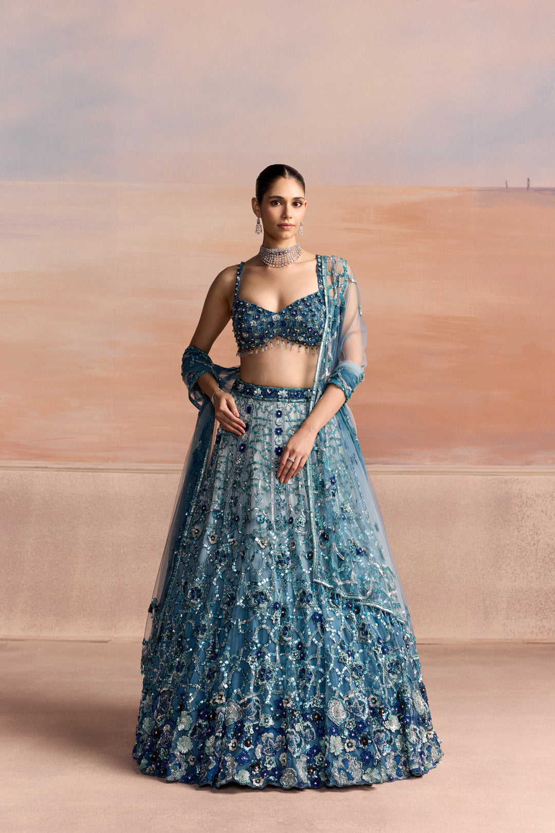 LIGHT BLUE SILVER OMBRE AERIS LEHENGA SET