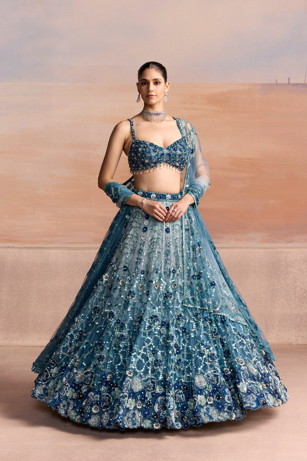 LIGHT BLUE SILVER OMBRE AERIS LEHENGA SET