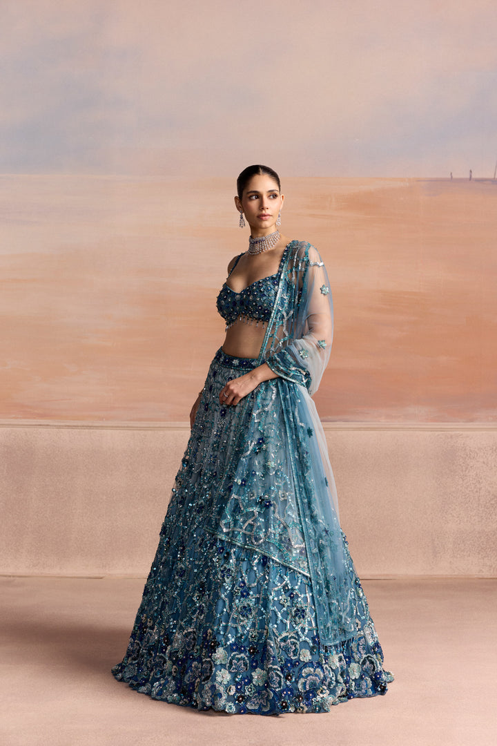 LIGHT BLUE SILVER OMBRE AERIS LEHENGA SET
