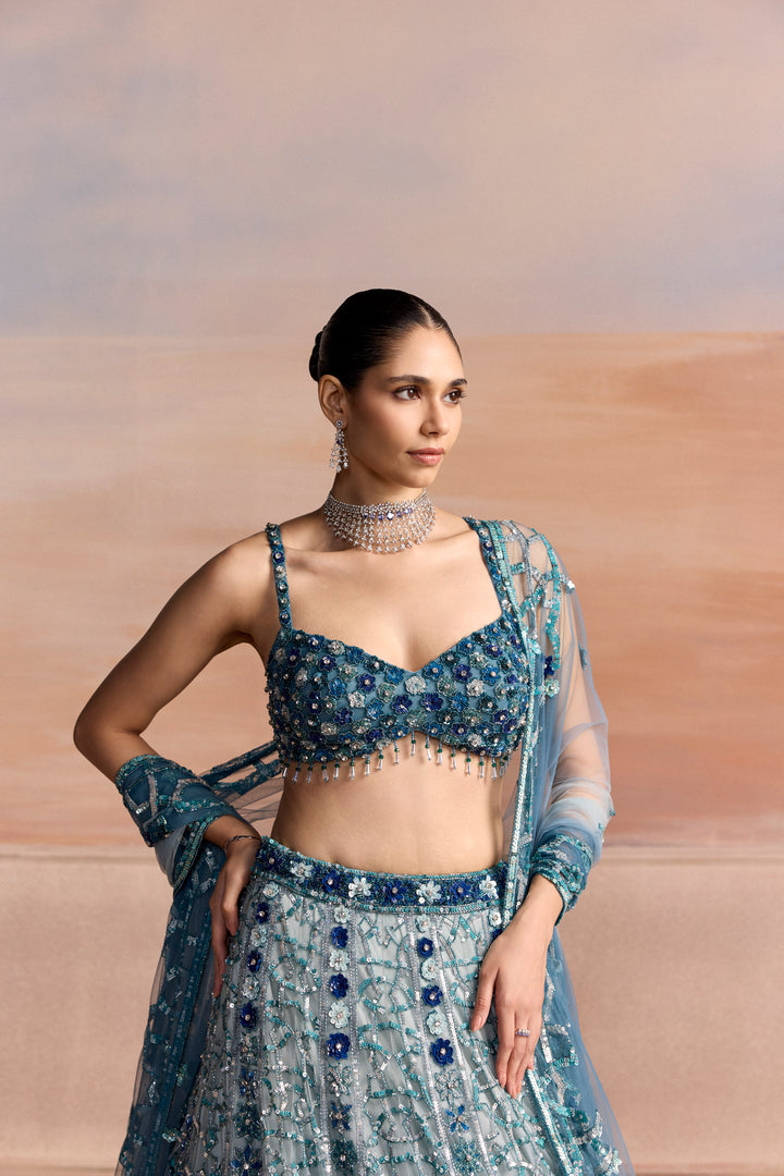 LIGHT BLUE SILVER OMBRE AERIS LEHENGA SET
