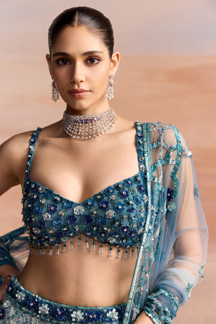 LIGHT BLUE SILVER OMBRE AERIS LEHENGA SET