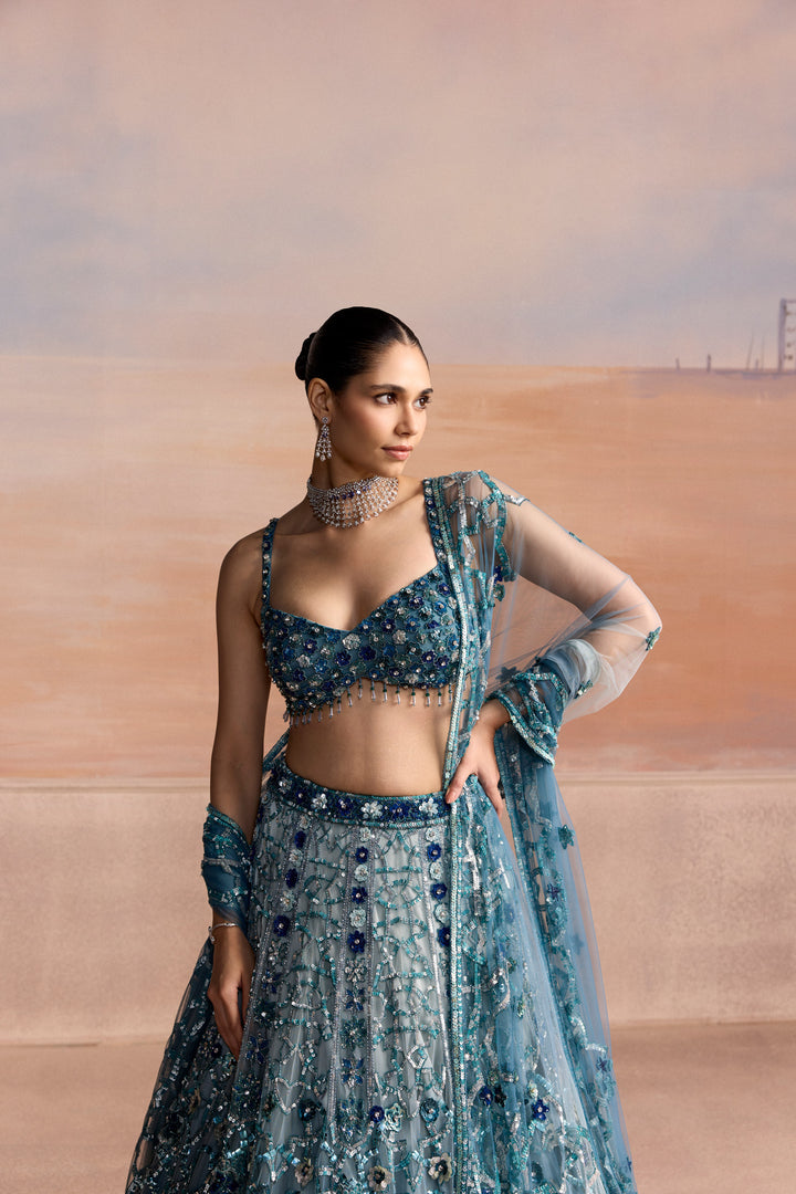 LIGHT BLUE SILVER OMBRE AERIS LEHENGA SET
