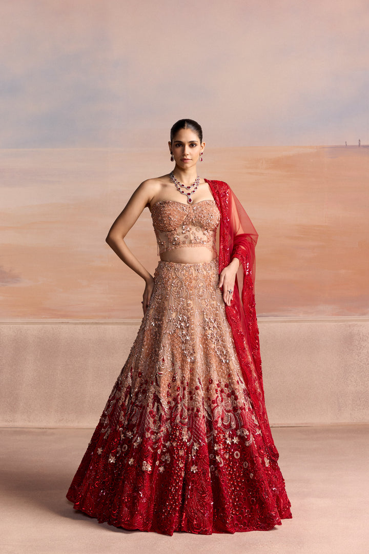 PEACH RED OMBRE SEREN LEHENGA SET