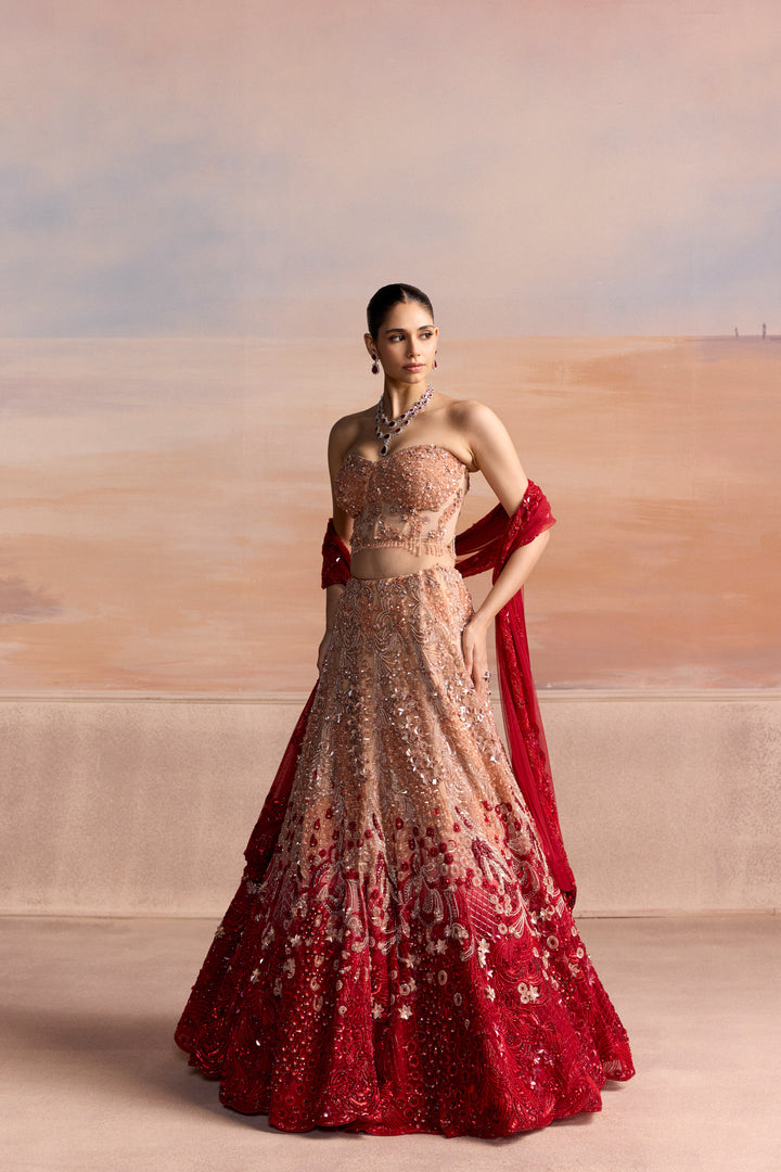PEACH RED OMBRE SEREN LEHENGA SET