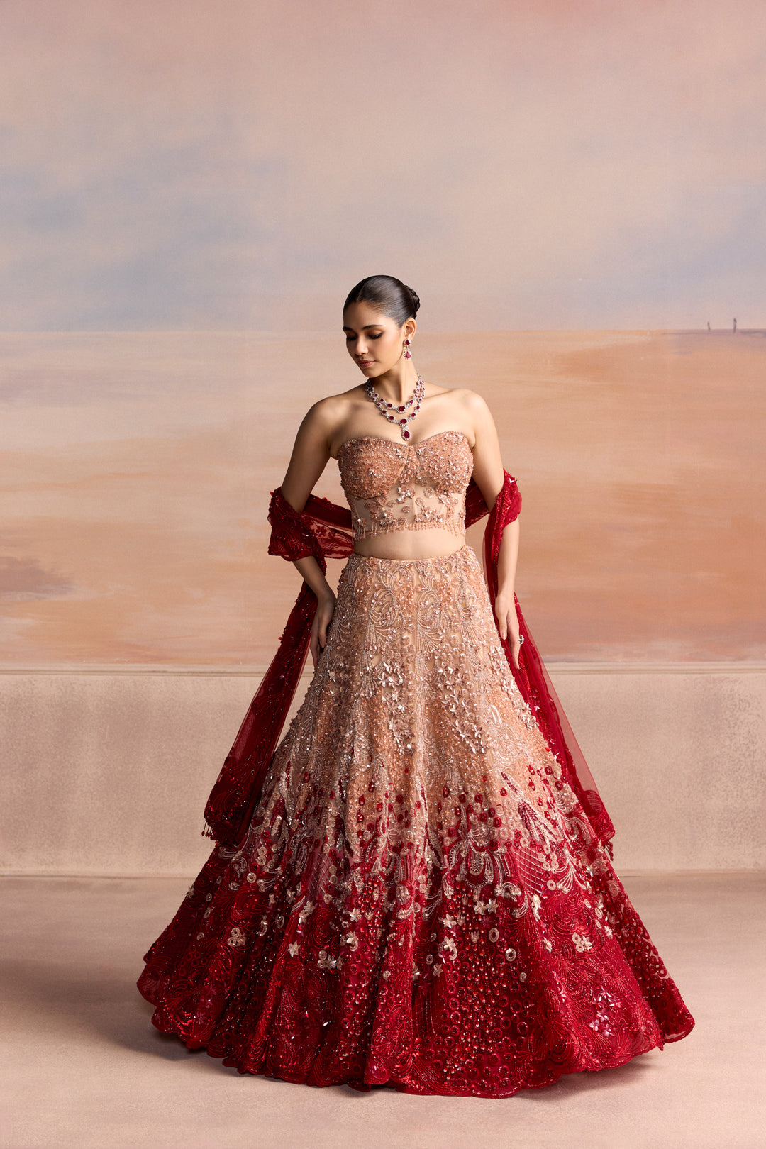 PEACH RED OMBRE SEREN LEHENGA SET