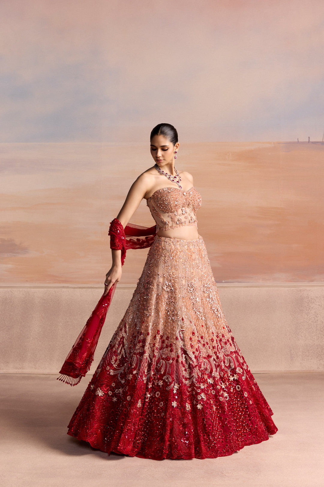PEACH RED OMBRE SEREN LEHENGA SET