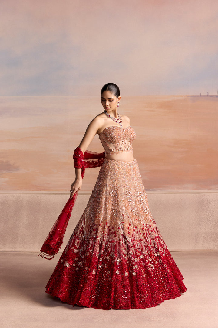 PEACH RED OMBRE SEREN LEHENGA SET
