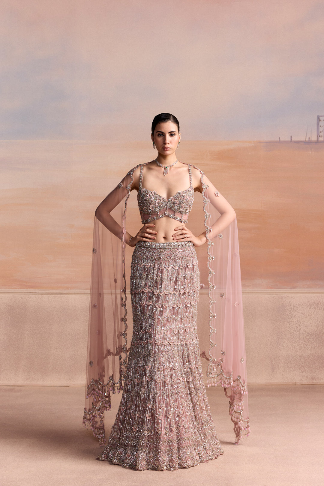 LIGHT PINK SILVER FISHCUT ASTERA LEHENGA SET