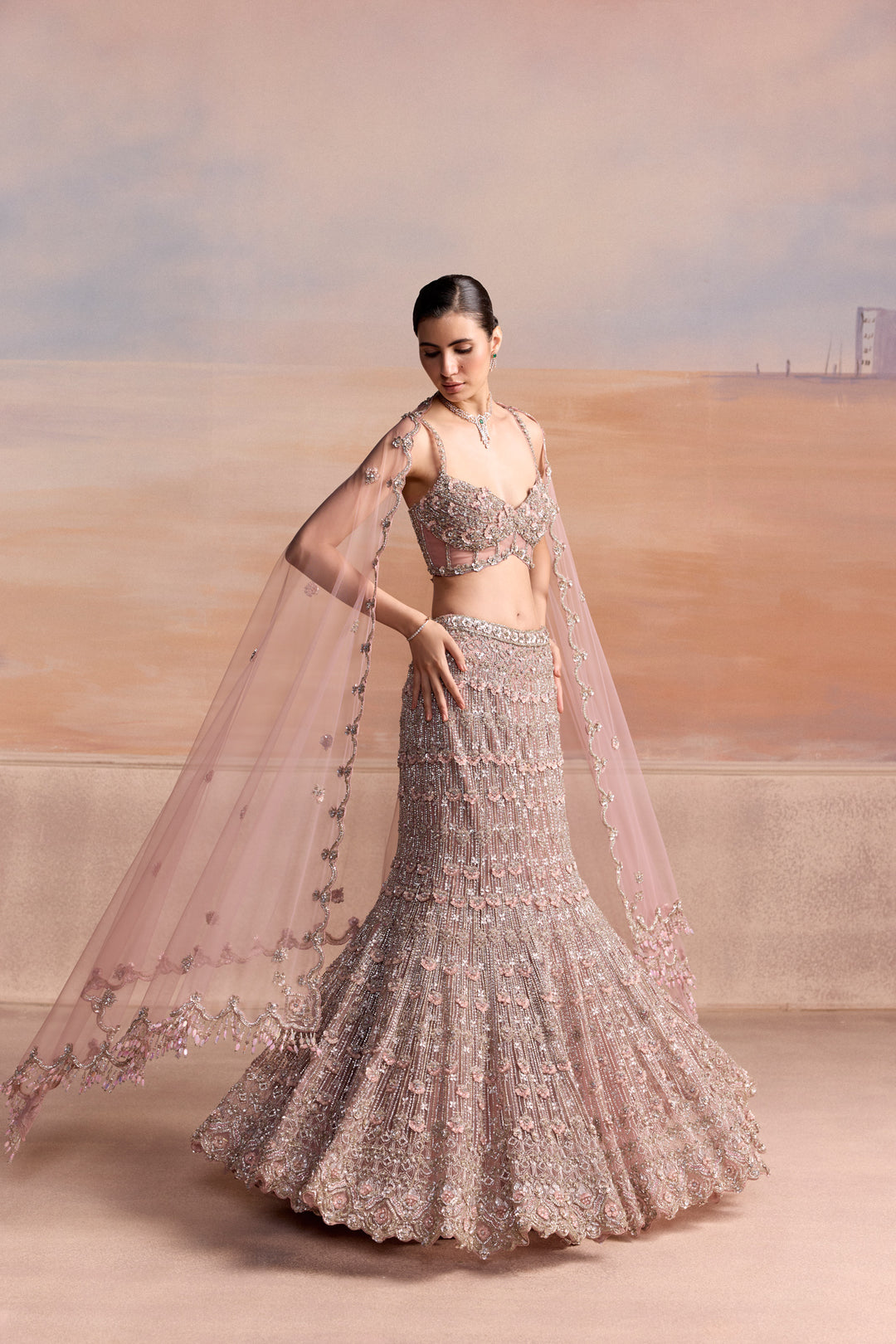 LIGHT PINK SILVER FISHCUT ASTERA LEHENGA SET