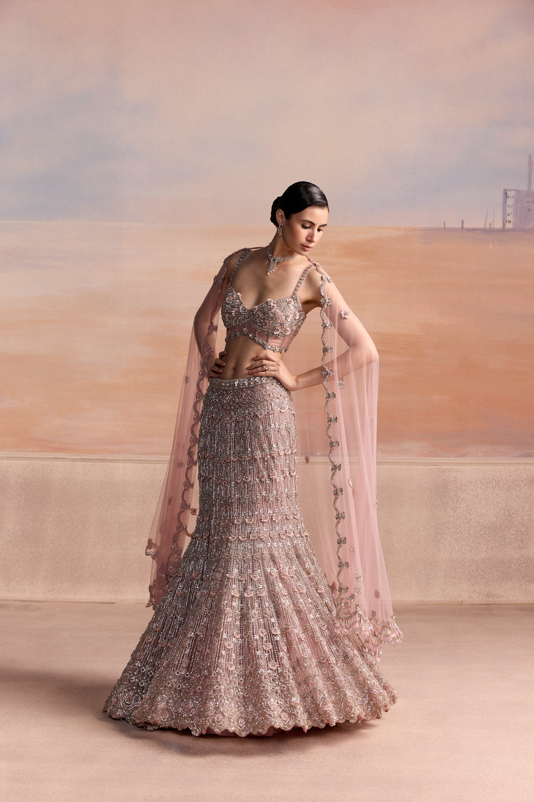 LIGHT PINK SILVER FISHCUT ASTERA LEHENGA SET