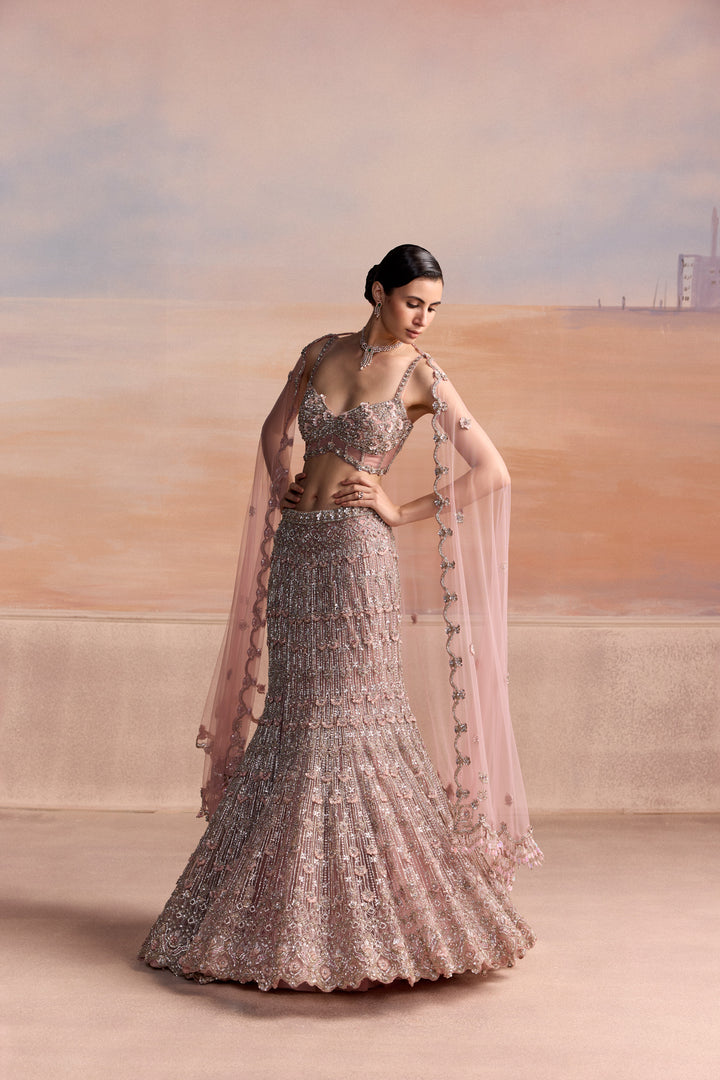 LIGHT PINK SILVER FISHCUT ASTERA LEHENGA SET