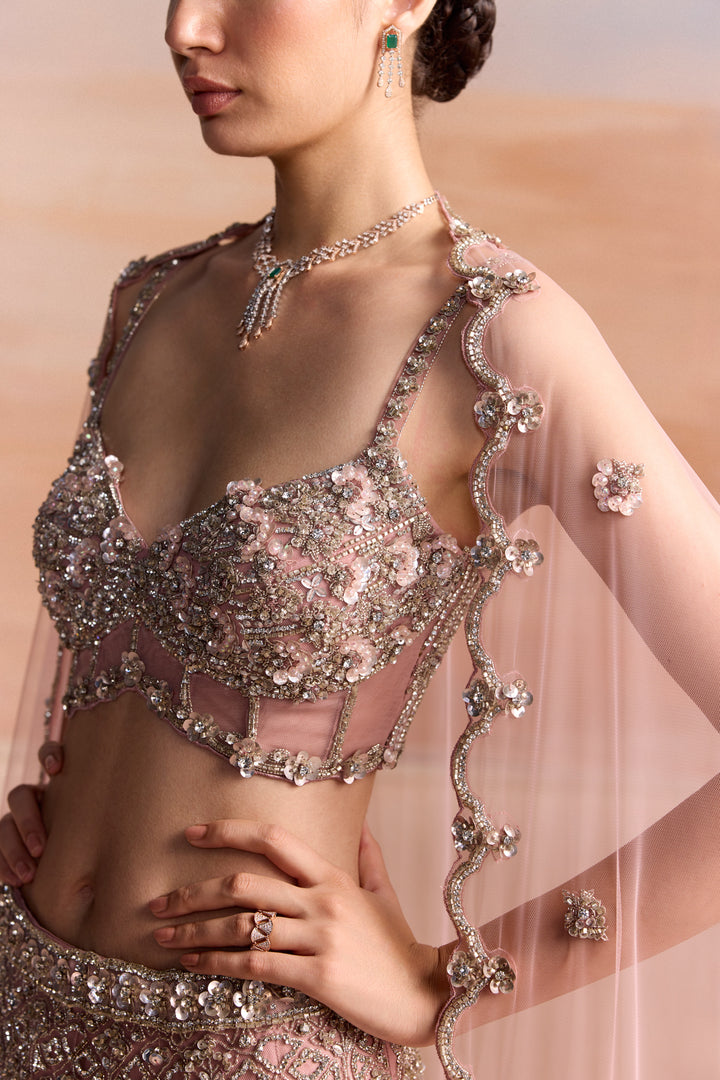 LIGHT PINK SILVER FISHCUT ASTERA LEHENGA SET