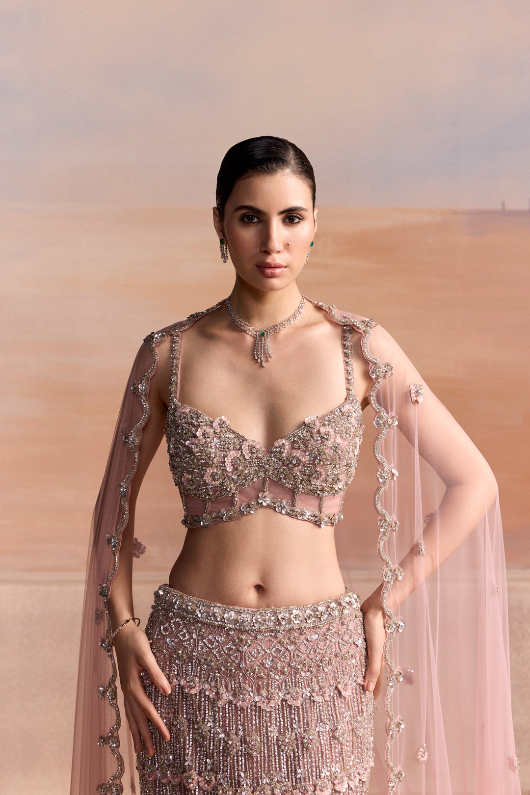 LIGHT PINK SILVER FISHCUT ASTERA LEHENGA SET
