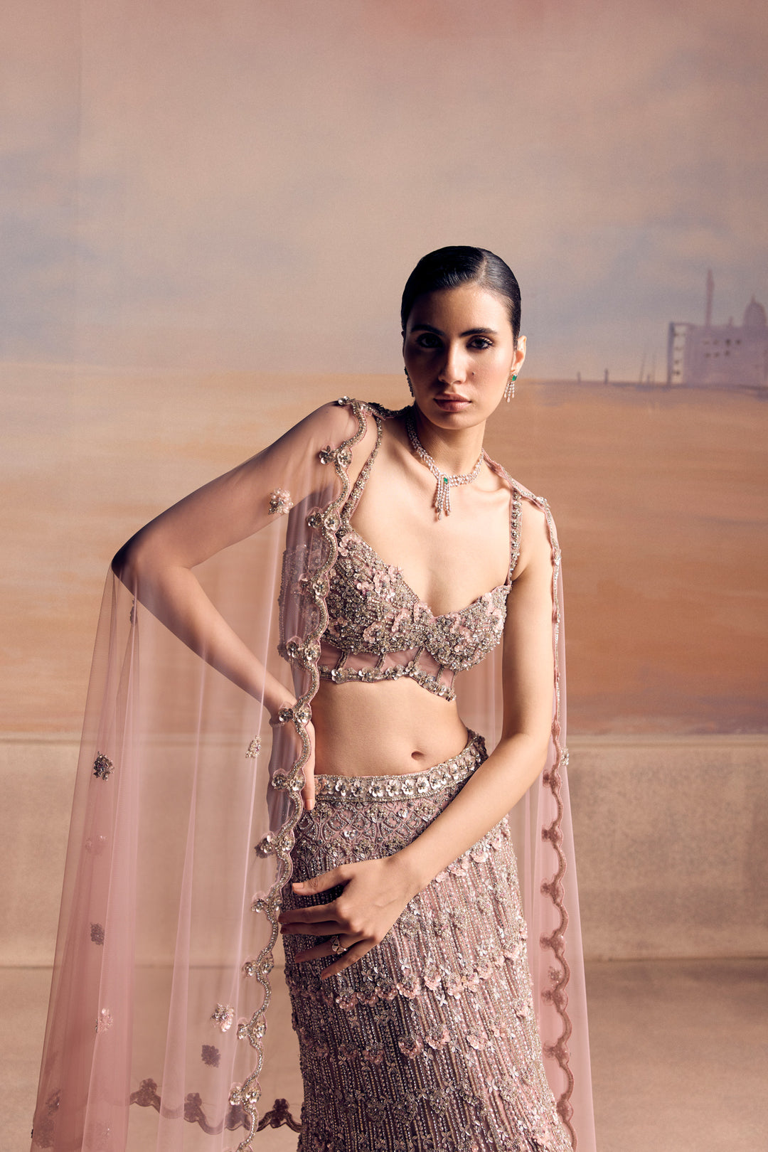 LIGHT PINK SILVER FISHCUT ASTERA LEHENGA SET