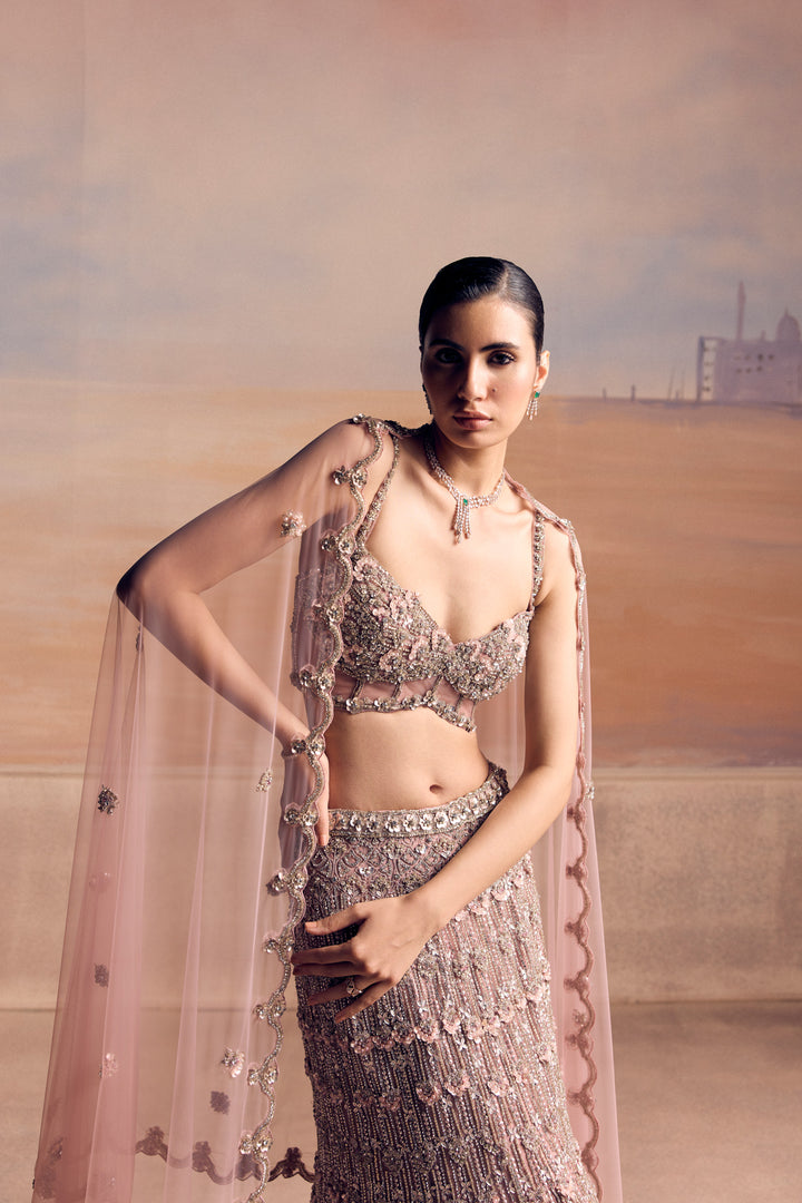 LIGHT PINK SILVER FISHCUT ASTERA LEHENGA SET