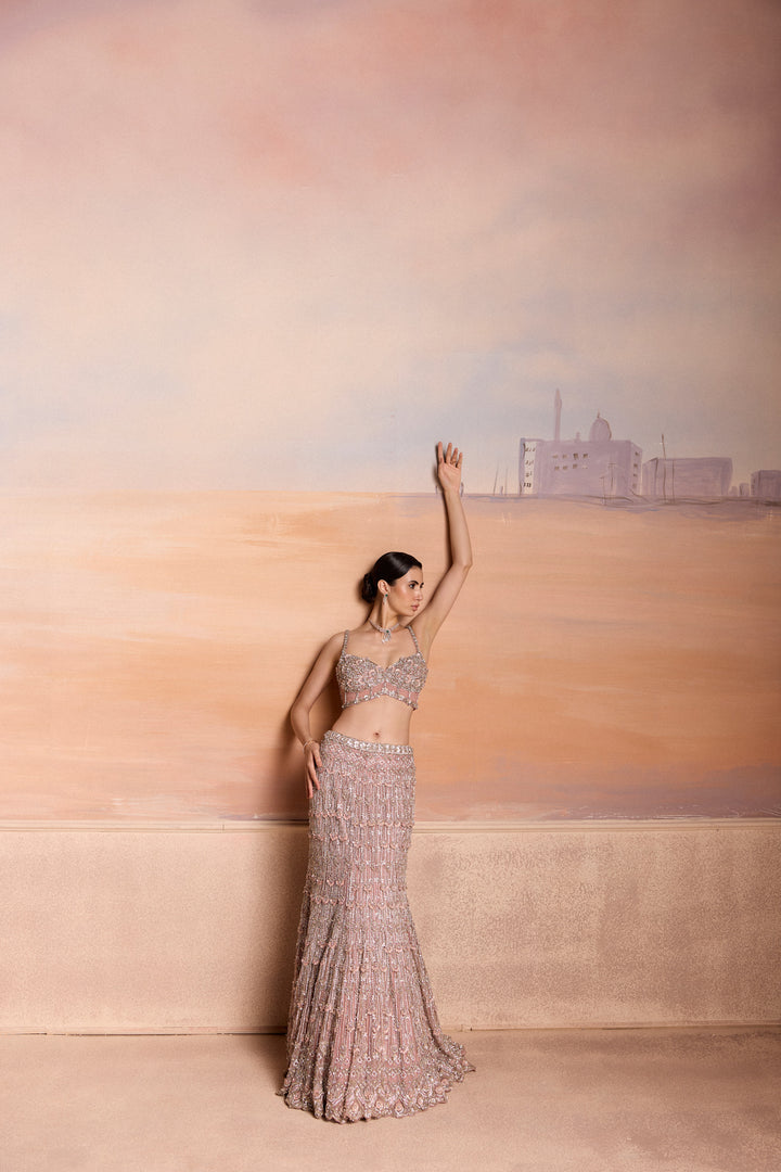 LIGHT PINK SILVER FISHCUT ASTERA LEHENGA SET