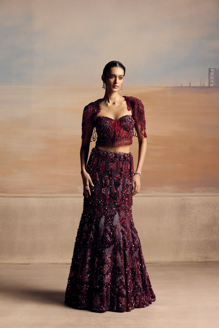 DEEP RED FISCHUT ALTAIR LEHENGA SET