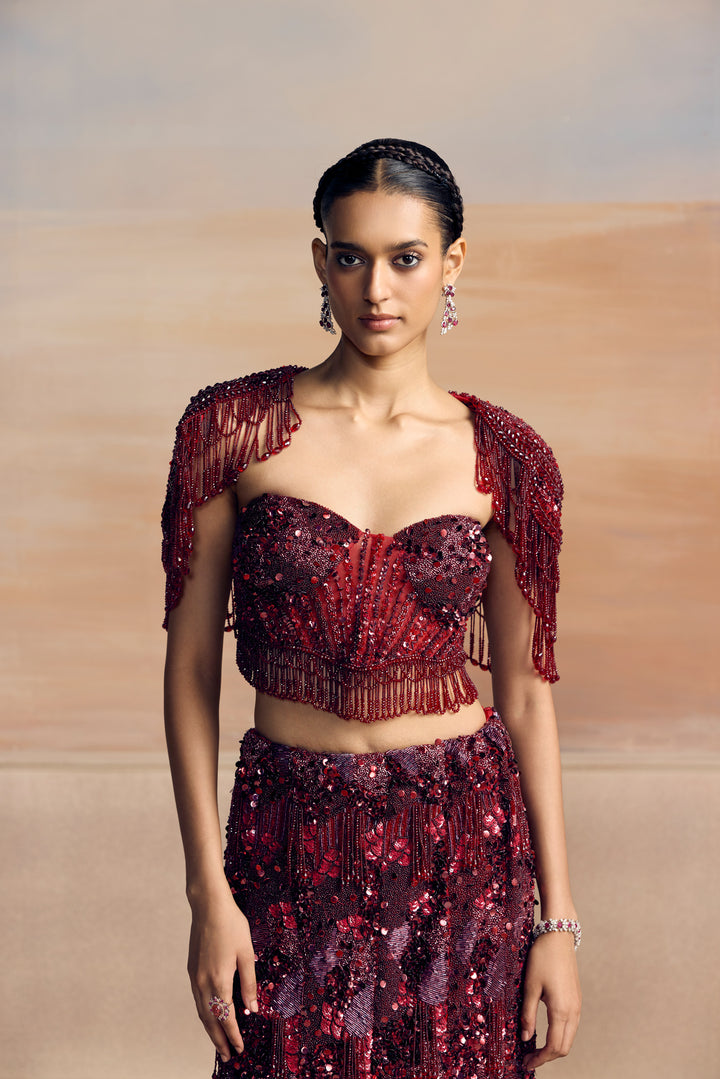DEEP RED FISCHUT ALTAIR LEHENGA SET