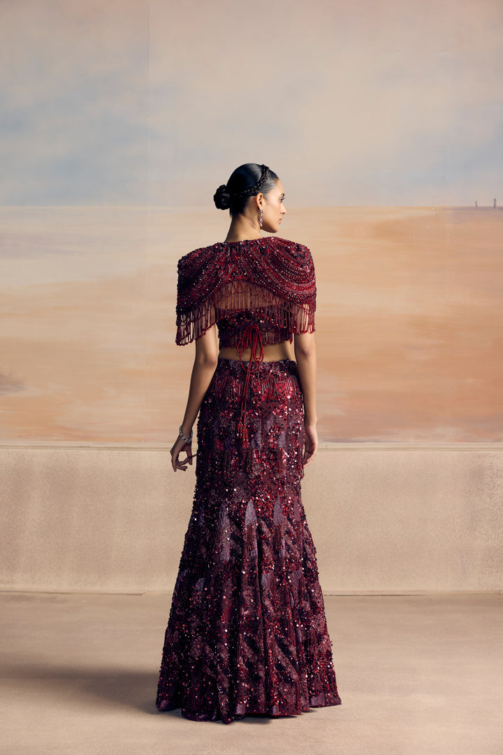 DEEP RED FISCHUT ALTAIR LEHENGA SET