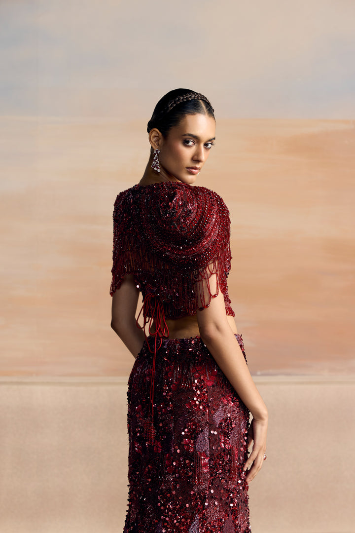 DEEP RED FISCHUT ALTAIR LEHENGA SET