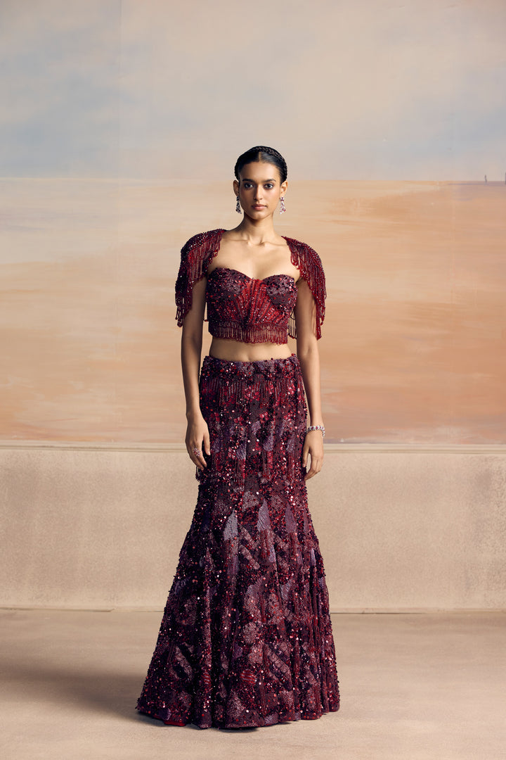 DEEP RED FISCHUT ALTAIR LEHENGA SET