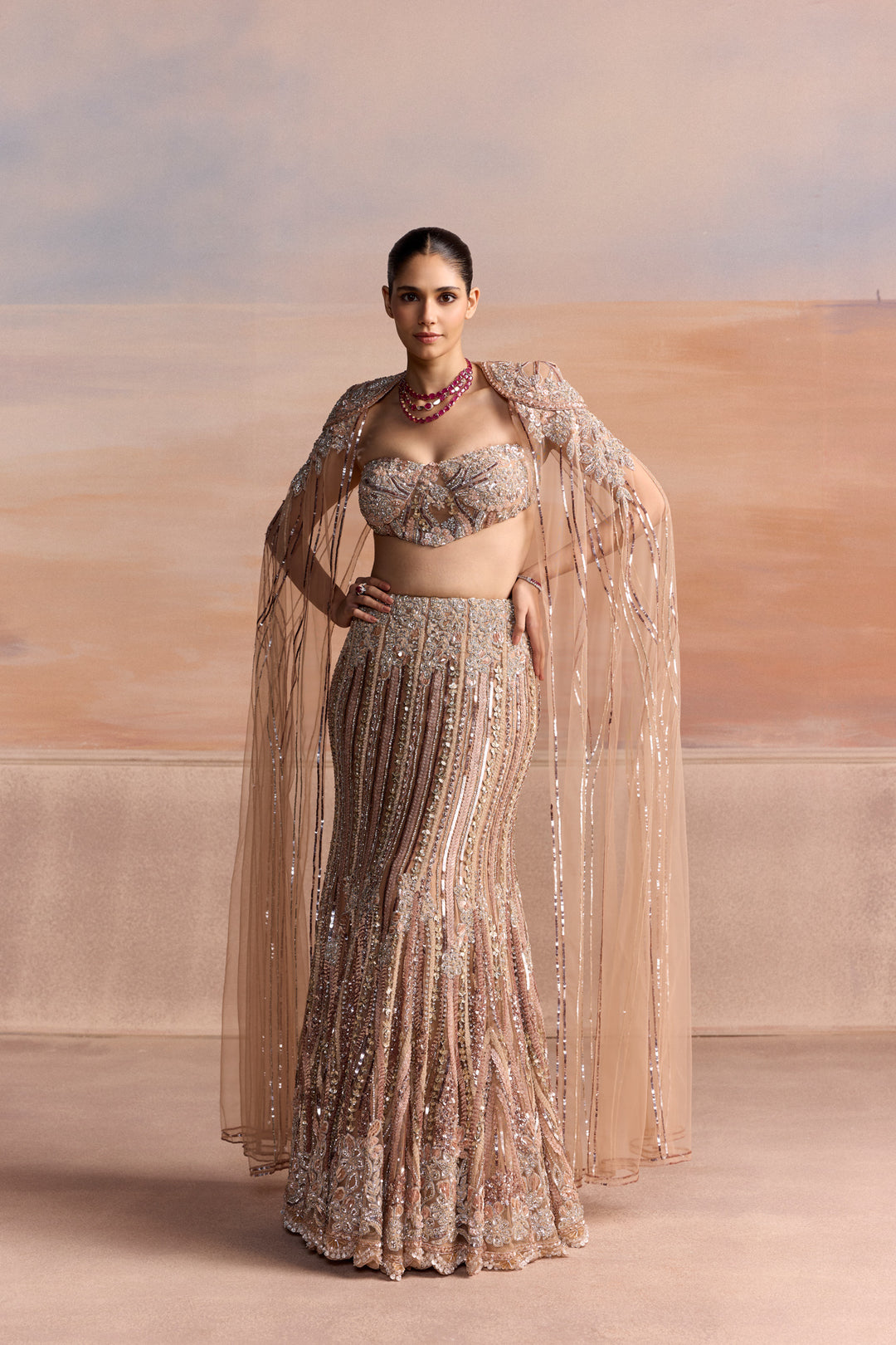 PEACH SILVER FISHCUT NOVAIRE LEHENGA SET