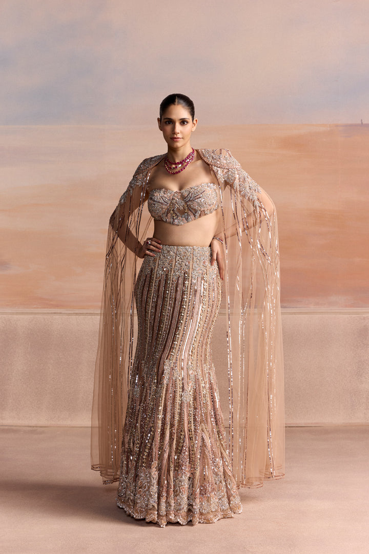 PEACH SILVER FISHCUT NOVAIRE LEHENGA SET