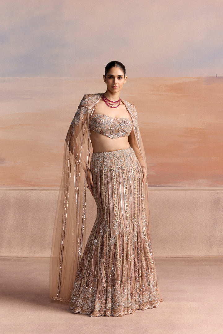 PEACH SILVER FISHCUT NOVAIRE LEHENGA SET