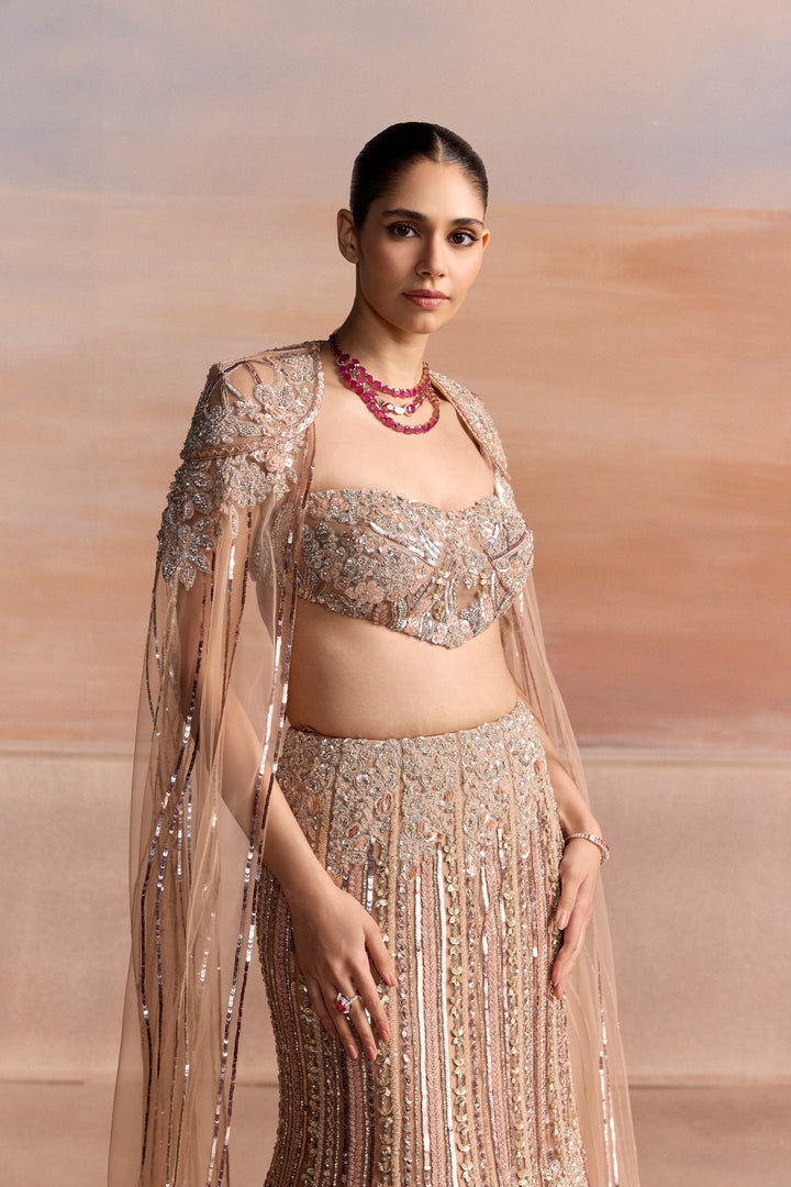 PEACH SILVER FISHCUT NOVAIRE LEHENGA SET
