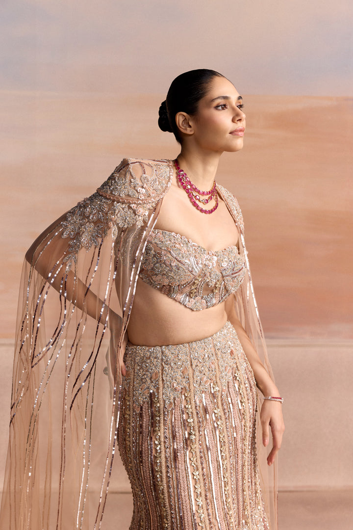 PEACH SILVER FISHCUT NOVAIRE LEHENGA SET