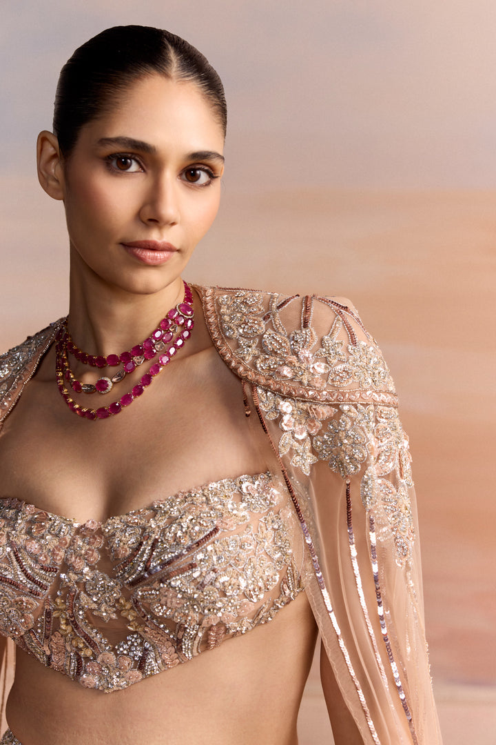 PEACH SILVER FISHCUT NOVAIRE LEHENGA SET