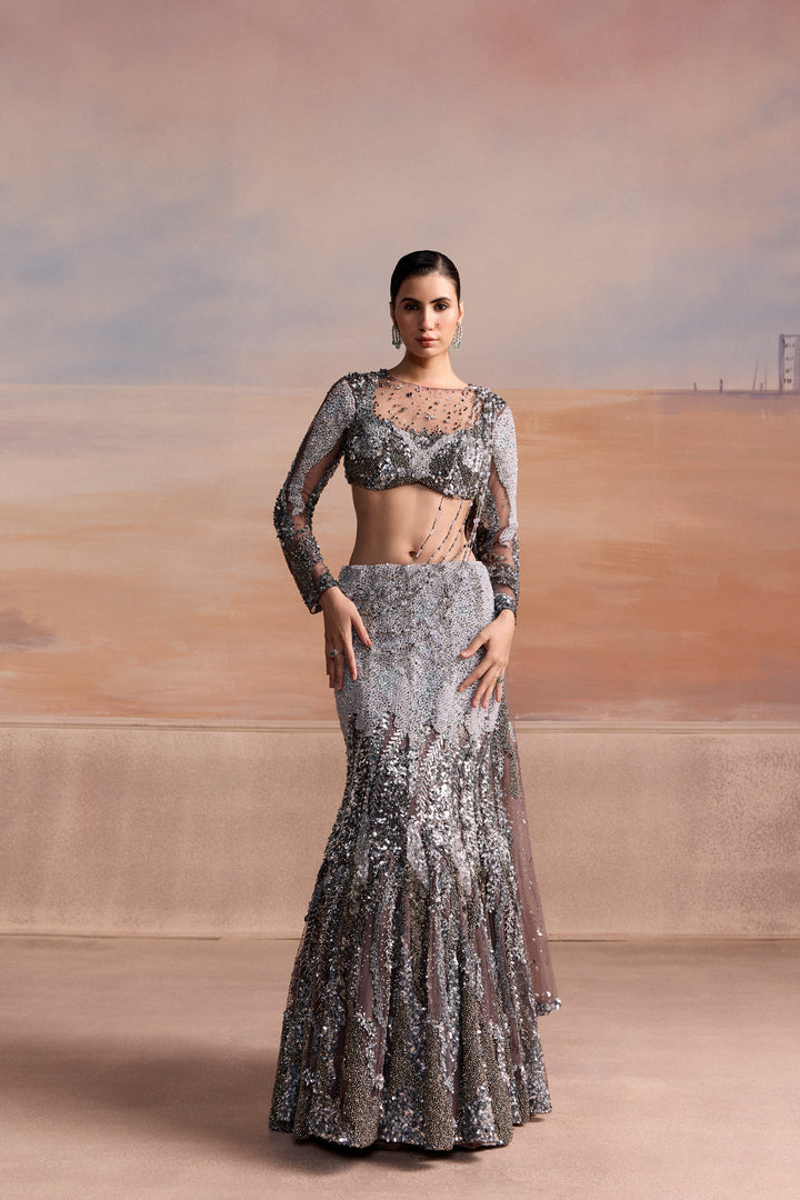 CHARCOAL GREY SILVER OMBRE FISHCUT VALEN LEHENGA SET