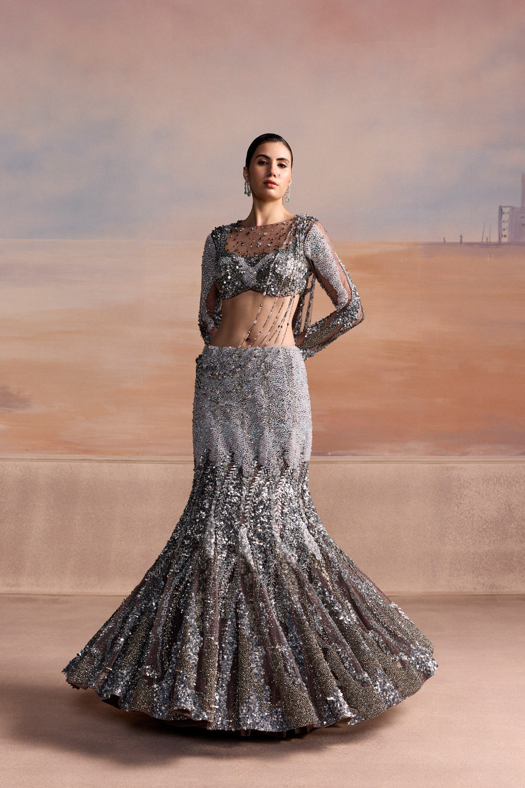CHARCOAL GREY SILVER OMBRE FISHCUT VALEN LEHENGA SET
