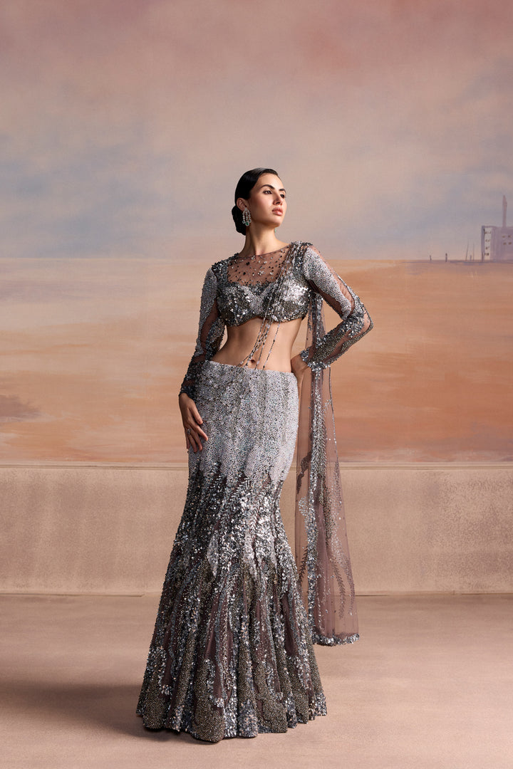 CHARCOAL GREY SILVER OMBRE FISHCUT VALEN LEHENGA SET