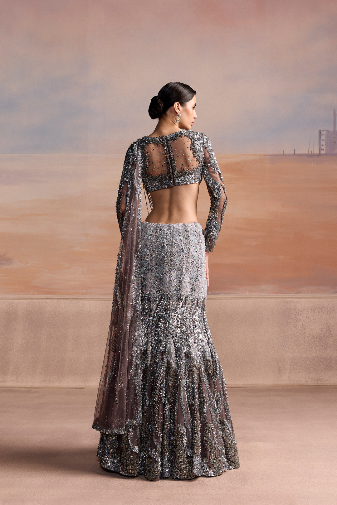 CHARCOAL GREY SILVER OMBRE FISHCUT VALEN LEHENGA SET