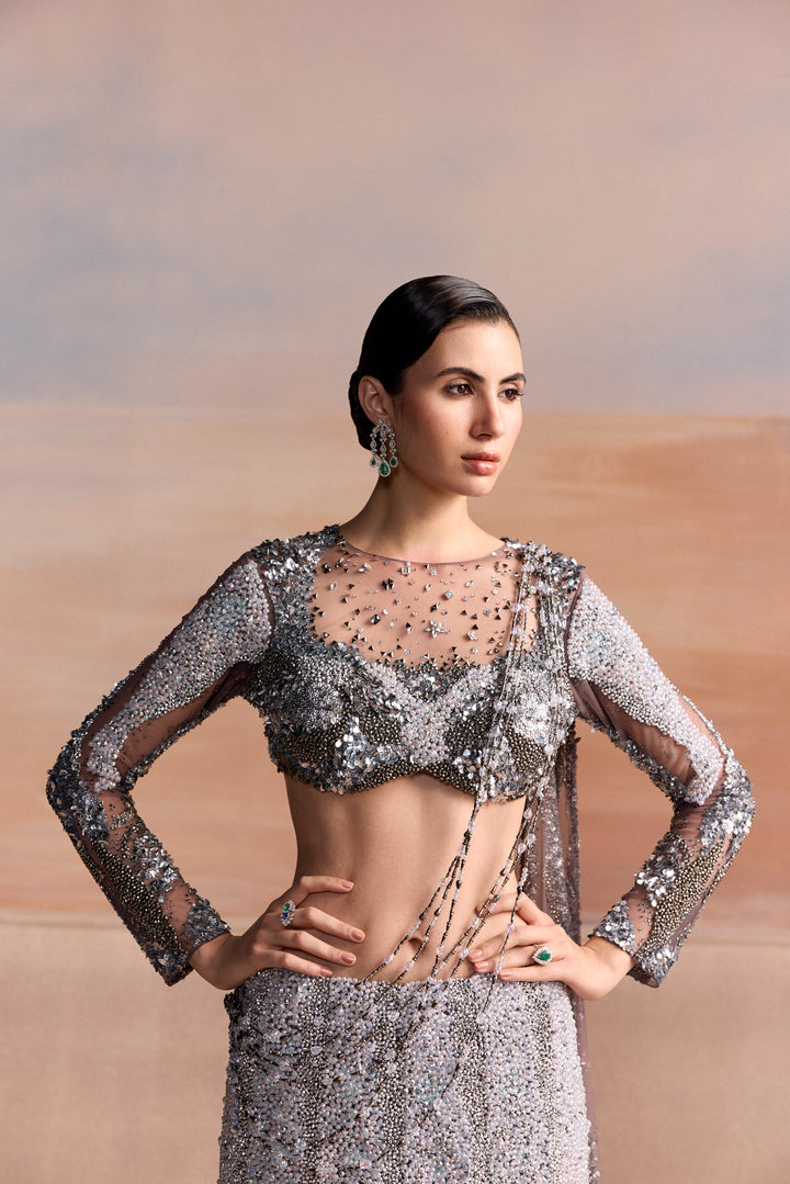 CHARCOAL GREY SILVER OMBRE FISHCUT VALEN LEHENGA SET