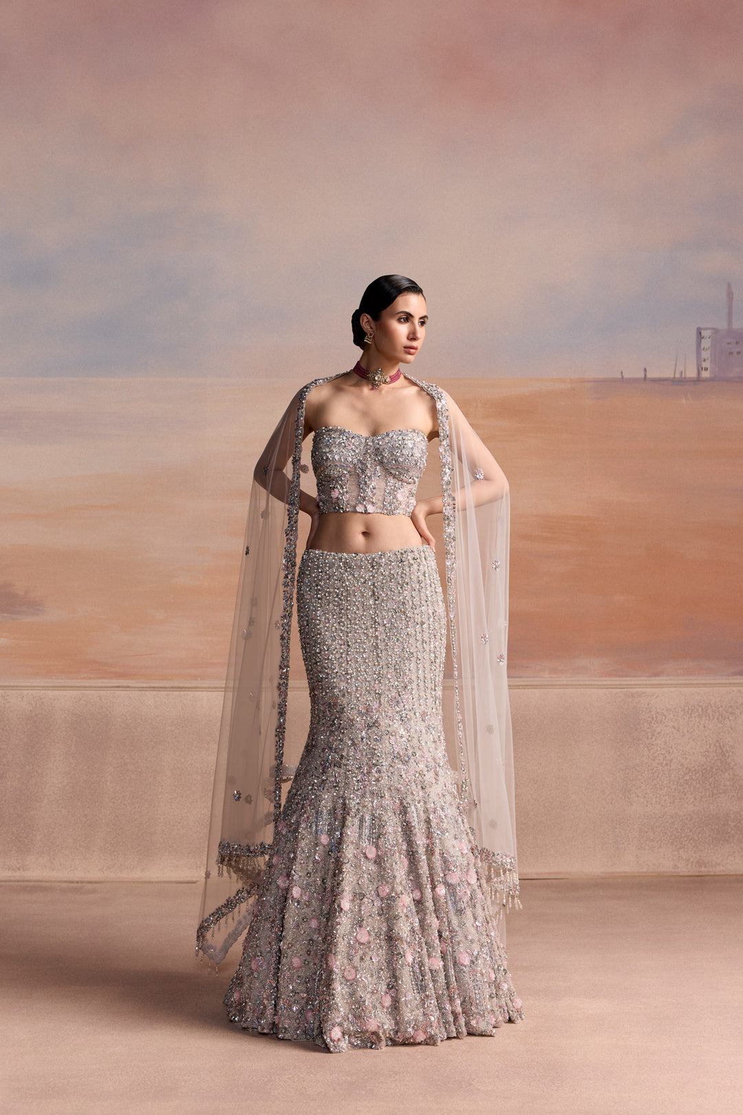 SILVER PINK FISHCUT ORIALIS LEHENGA SET