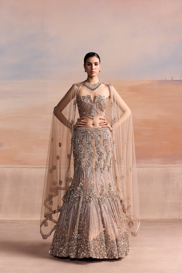 PEACH SILVER CORSET FISHCUT ESTELLE LEHENGA SET