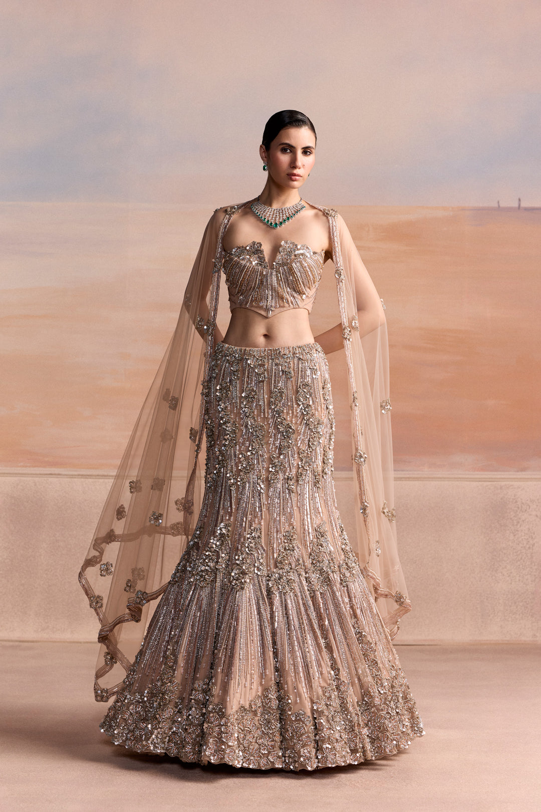PEACH SILVER CORSET FISHCUT ESTELLE LEHENGA SET