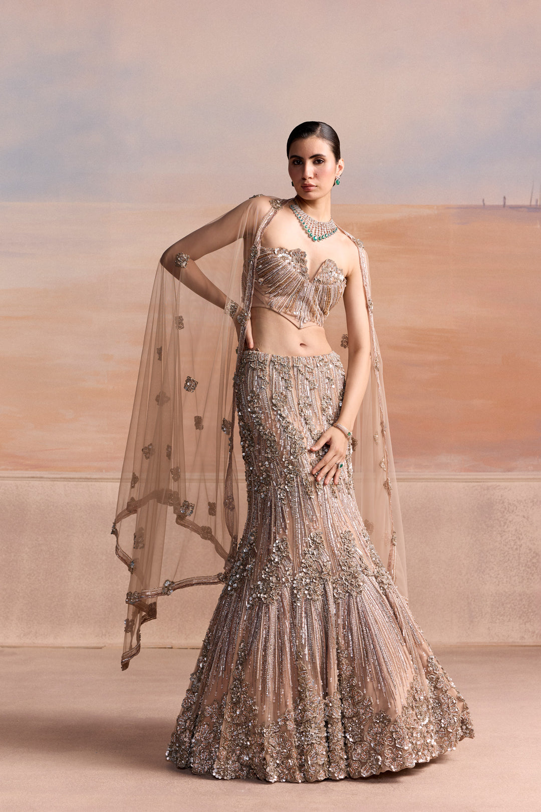 PEACH SILVER CORSET FISHCUT ESTELLE LEHENGA SET
