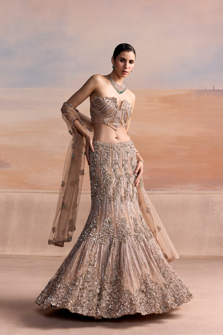 PEACH SILVER CORSET FISHCUT ESTELLE LEHENGA SET