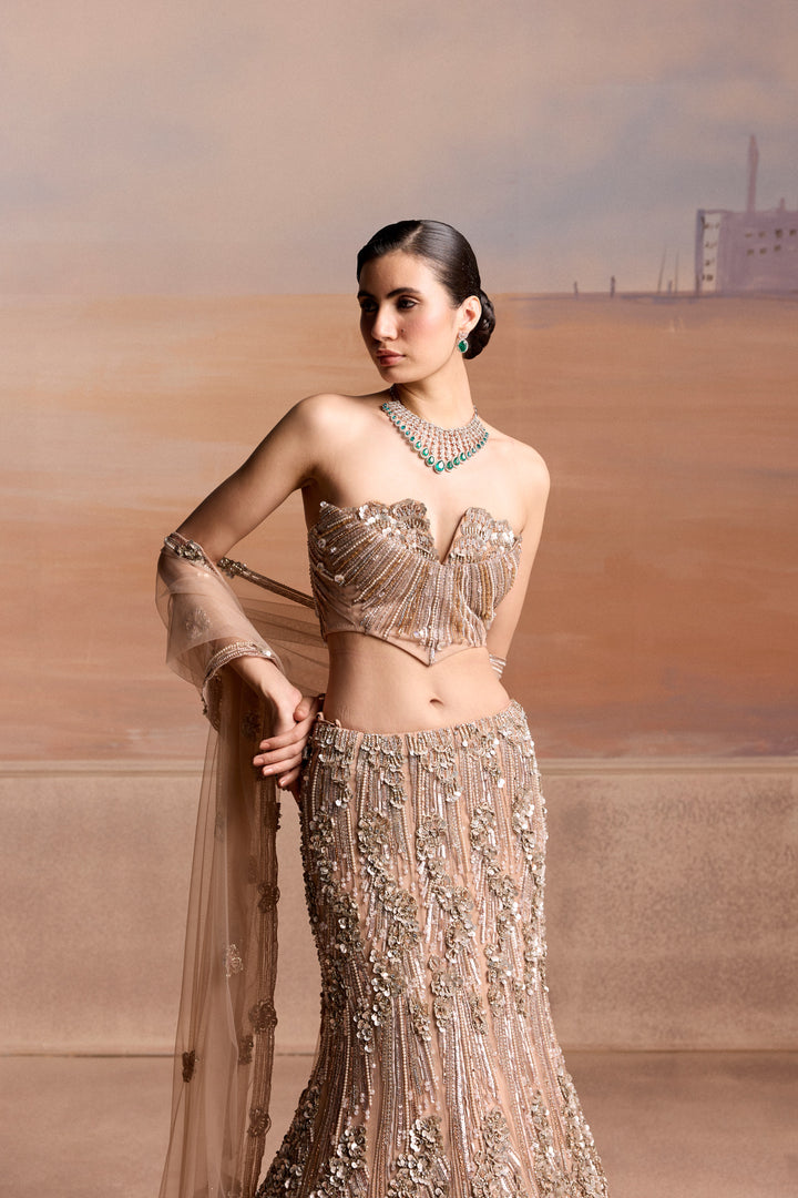 PEACH SILVER CORSET FISHCUT ESTELLE LEHENGA SET