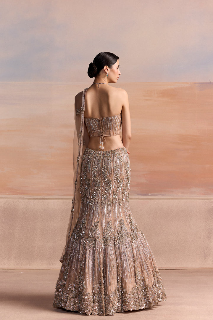 PEACH SILVER CORSET FISHCUT ESTELLE LEHENGA SET