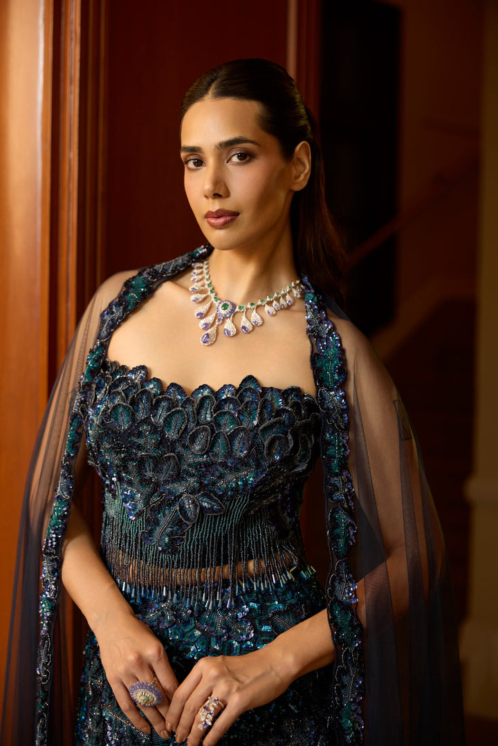 PEACOCK BLUE VIOLET FISHCUT LEHENGA CORSET SET